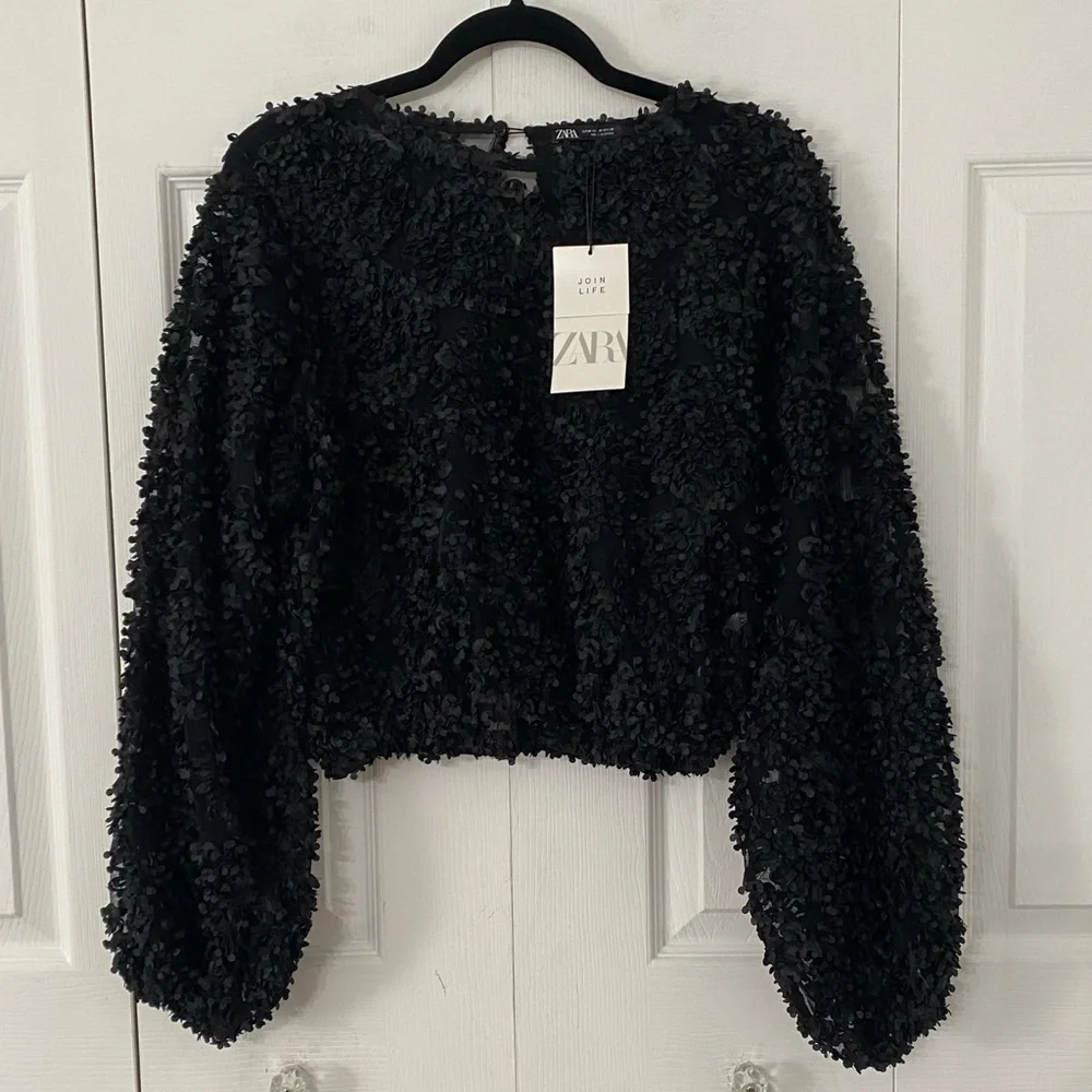 Zara Black Textured Sheer Long-Sleeve Top